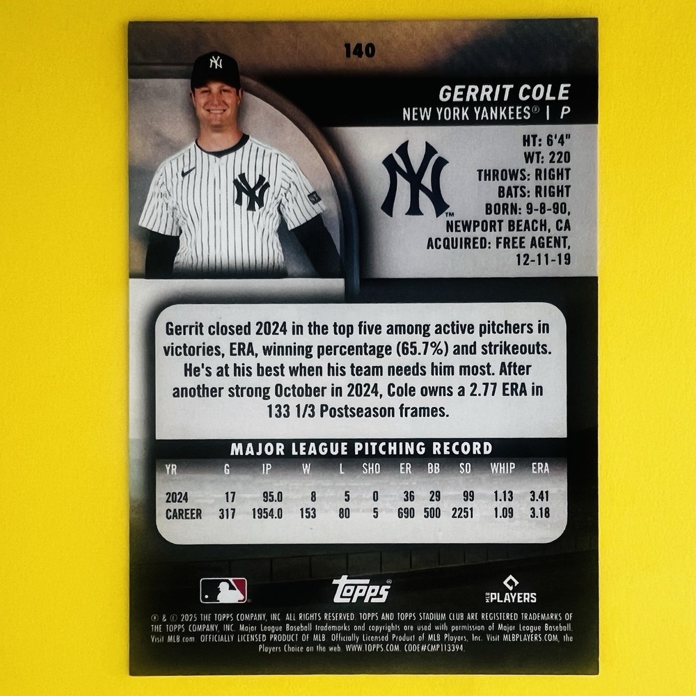 2025 Topps‎ Stadium Club Gerrit Cole #140 New York Yankees Base - Picture 3 of 3